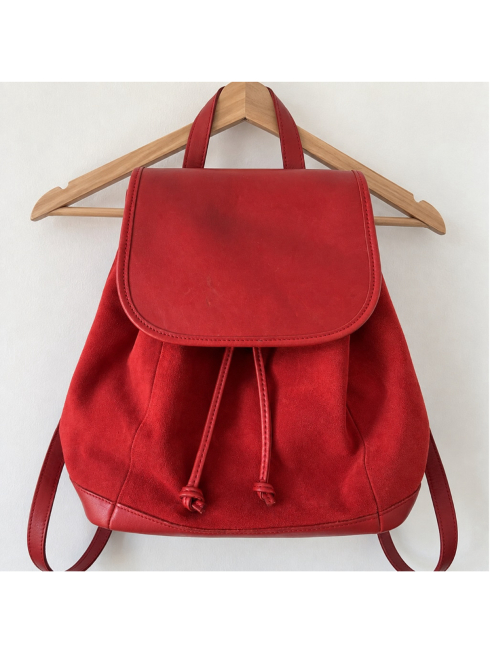 Women's L.L.Bean Red Suede Leather Drawstring Backpack One Size